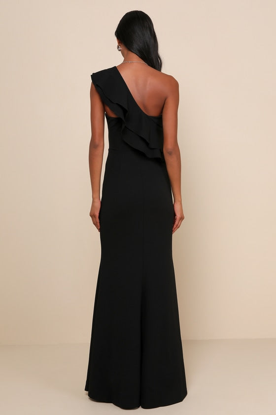 Grand Beauty Black Ruffled One-Shoulder Mermaid Maxi Dress