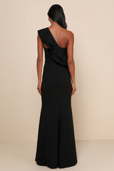 Grand Beauty Black Ruffled One-Shoulder Mermaid Maxi Dress
