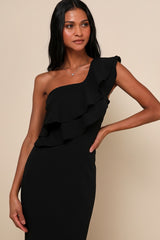 Grand Beauty Black Ruffled One-Shoulder Mermaid Maxi Dress