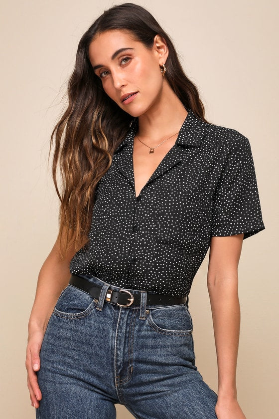 Good Luck Charm Black Polka Dot Short Sleeve Button-Up Top