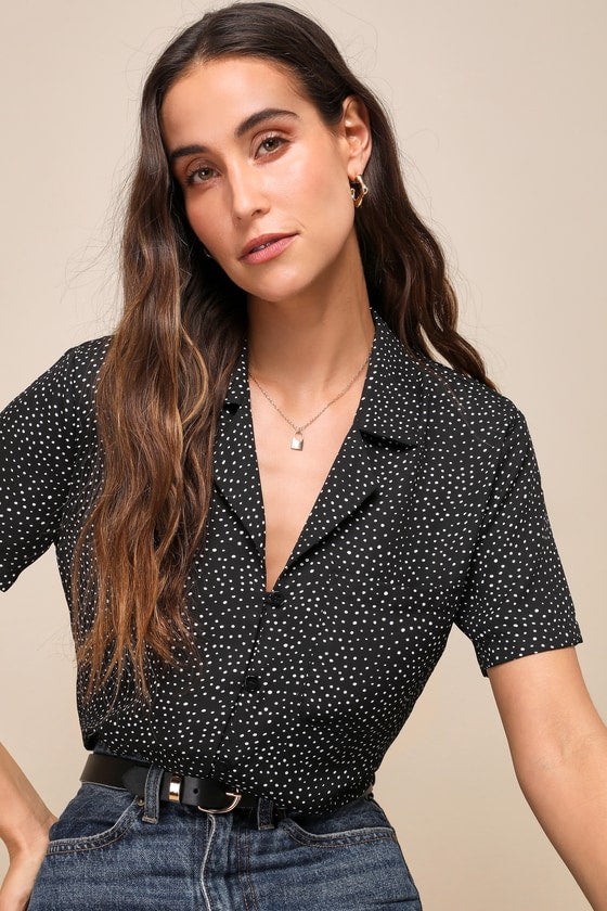 Good Luck Charm Black Polka Dot Short Sleeve Button-Up Top