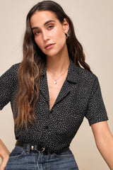 Good Luck Charm Black Polka Dot Short Sleeve Button-Up Top