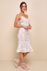 Alluring Love White and Beige Lace Trumpet Hem Midi Dress