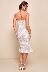 Alluring Love White and Beige Lace Trumpet Hem Midi Dress