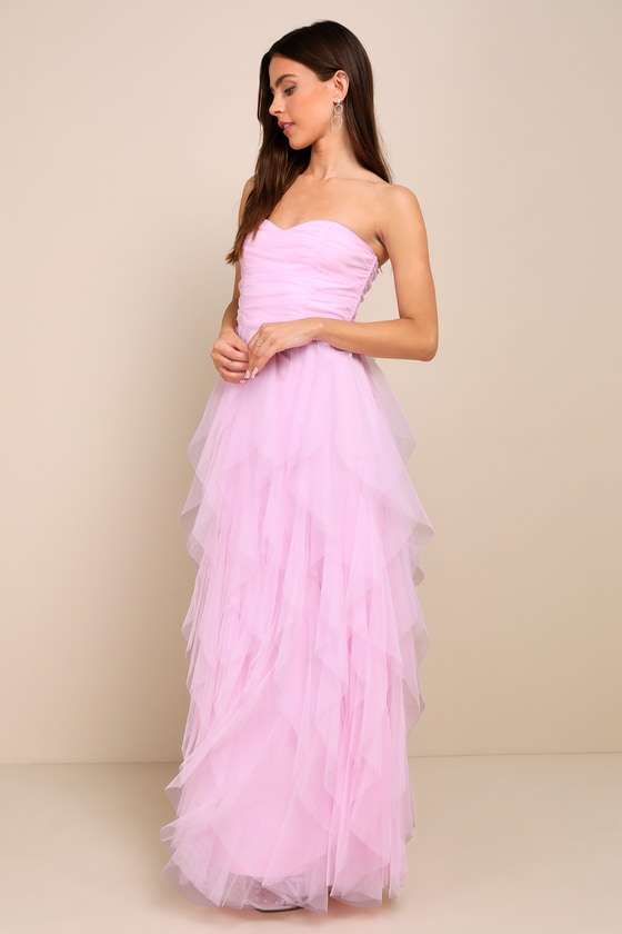 Delightful Beauty Pink Mesh Strapless Ruched Ruffled Maxi Dress