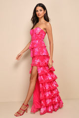 Definite Glamour Hot Pink Sequin Strapless Bustier Maxi Dress