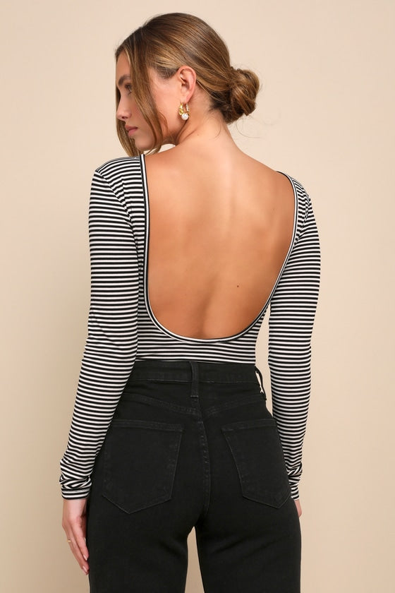 Favorable Cutie Black and White Striped Backless Bodysuit