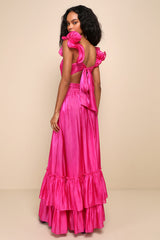 Pristine Glow Magenta Pink Ruffled Tie-Back Maxi Dress