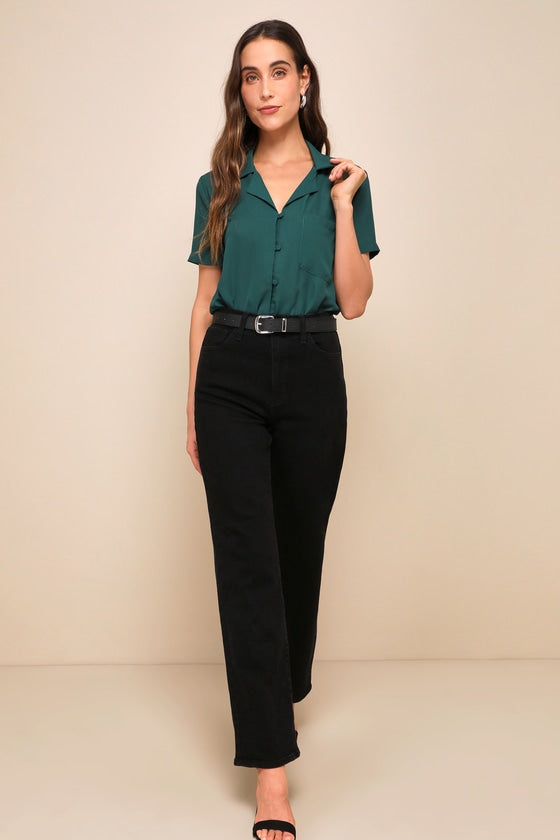 Good Luck Charm Dark Green Short Sleeve Button-Up Top