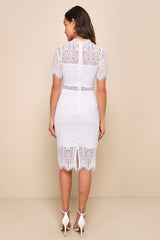 Remarkable White Sheer Lace Short Sleeve Mini Dress