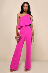 Flawless Vibes Magenta One-Shoulder Tiered Wide-Leg Jumpsuit