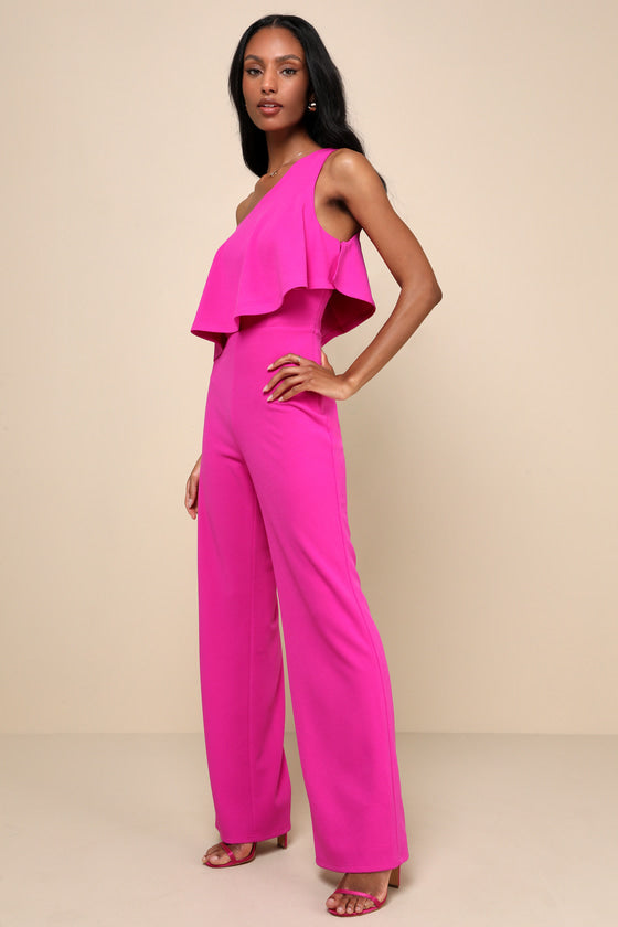 Flawless Vibes Magenta One-Shoulder Tiered Wide-Leg Jumpsuit