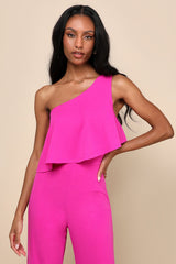 Flawless Vibes Magenta One-Shoulder Tiered Wide-Leg Jumpsuit