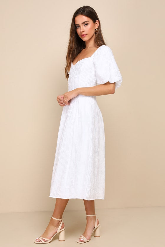 Heavenly Energy White Textured Puff Sleeve Pleated Midi Dress