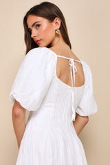 Heavenly Energy White Textured Puff Sleeve Pleated Midi Dress