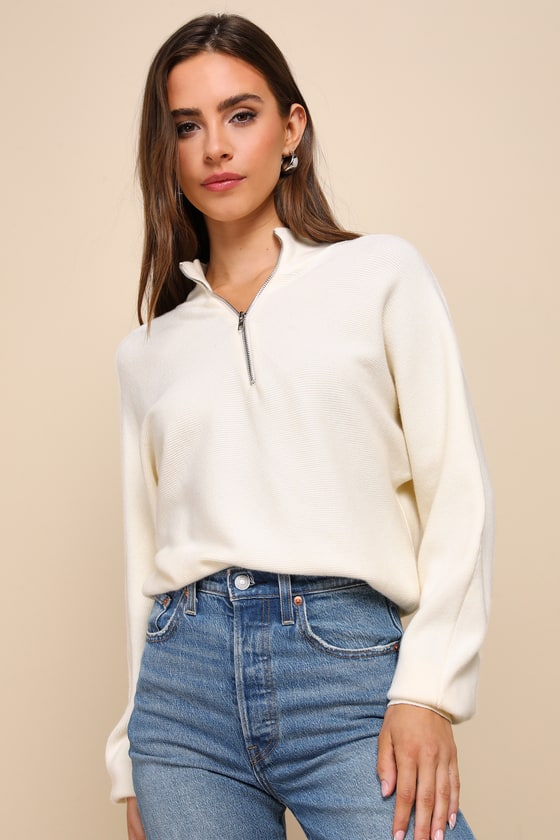 Cuddly Aesthetic Ivory Ribbed Quarter-Zip Pullover Sweater
