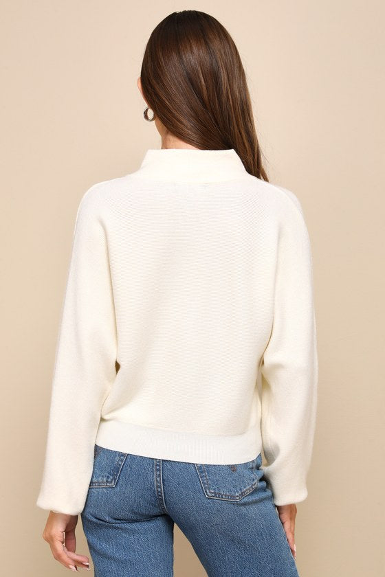 Cuddly Aesthetic Ivory Ribbed Quarter-Zip Pullover Sweater