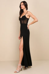 Sultry Mentality Black Mesh Bustier Sleeveless Maxi Dress