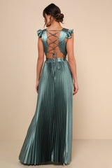 Exceptional Drama Sage Green Satin Lace-Up Pleated Maxi Dress
