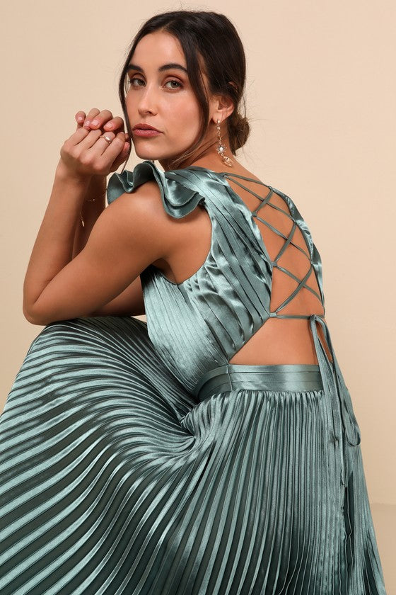 Exceptional Drama Sage Green Satin Lace-Up Pleated Maxi Dress