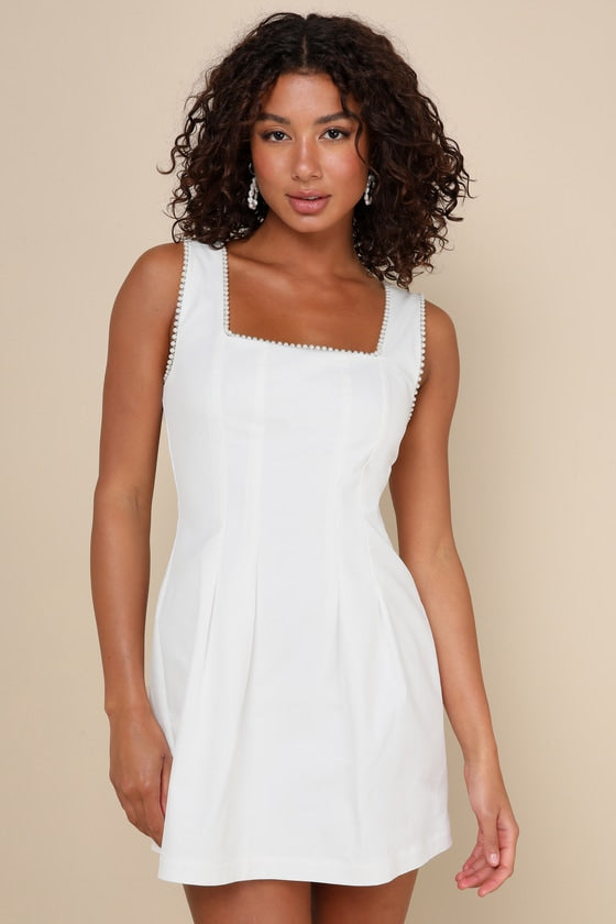 Pure Hearted White Pearl Square Neck Sleeveless Mini Dress