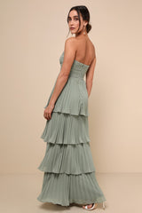 Seriously Sensational Sage Brush Strapless Tiered Maxi Dress