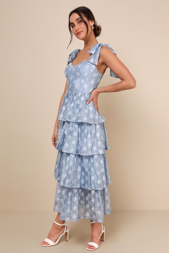 Gorgeous Excellence Light Blue Floral Burnout Tiered Midi Dress