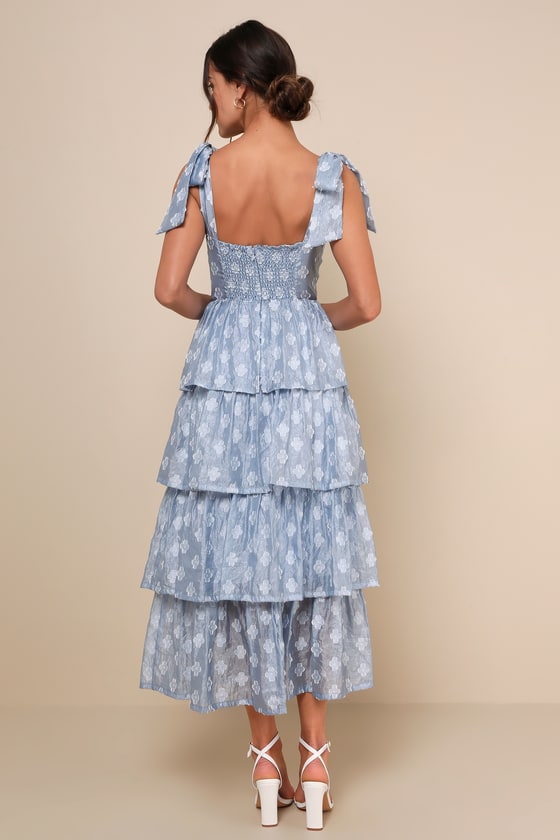 Gorgeous Excellence Light Blue Floral Burnout Tiered Midi Dress