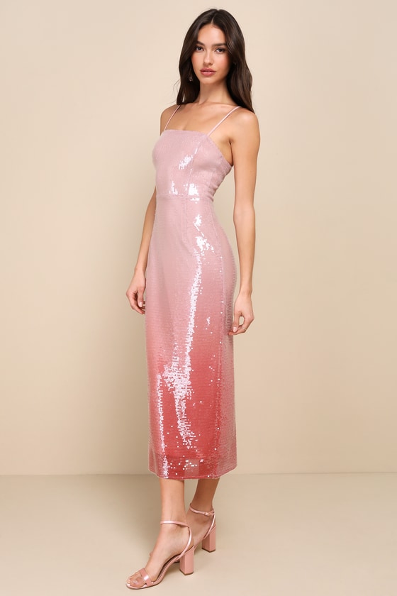 Glittery Wonder Light Pink Ombre Sequin Sleeveless Midi Dress