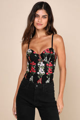 Essence of Elegance Black Embroidered Bustier Bodysuit