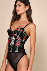 Essence of Elegance Black Embroidered Bustier Bodysuit