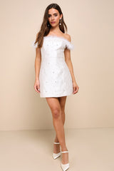 Charming Always Ivory Floral Jacquard Feather Mini Dress