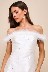 Charming Always Ivory Floral Jacquard Feather Mini Dress