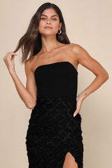 Ravishing Appeal Black 3D Floral Applique Strapless Maxi Dress