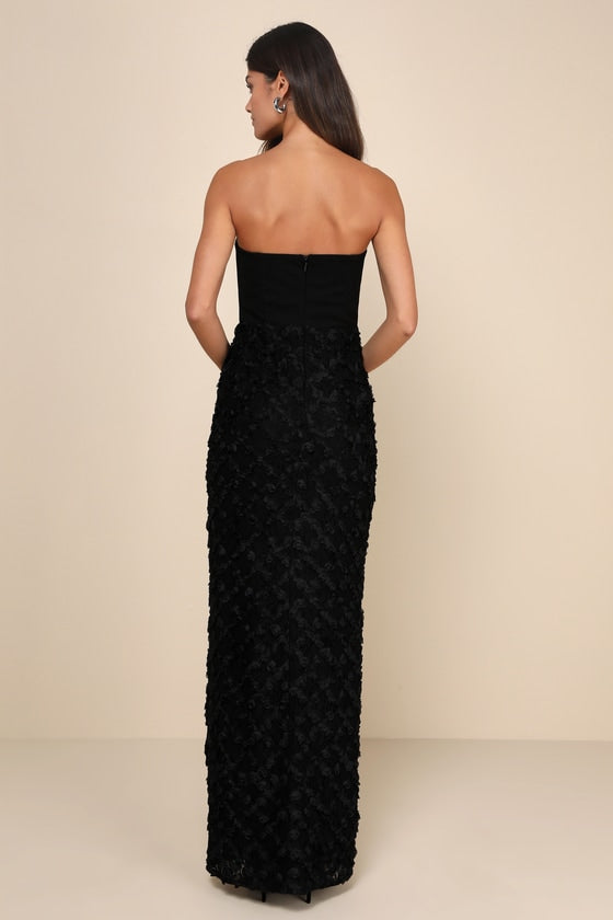 Ravishing Appeal Black 3D Floral Applique Strapless Maxi Dress