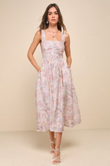 Darling Adoration Blush Pink Floral Midi Dress With Pockets