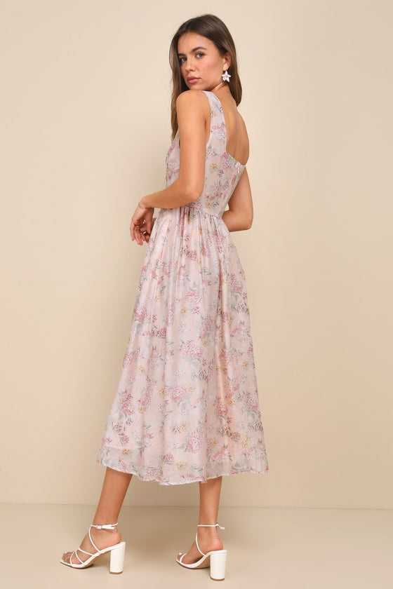 Darling Adoration Blush Pink Floral Midi Dress With Pockets