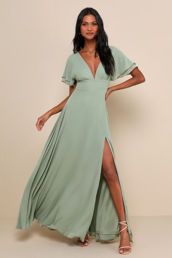 Promise Of Love Sage Brush Flutter Sleeve Maxi Dress