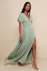 Promise Of Love Sage Brush Flutter Sleeve Maxi Dress
