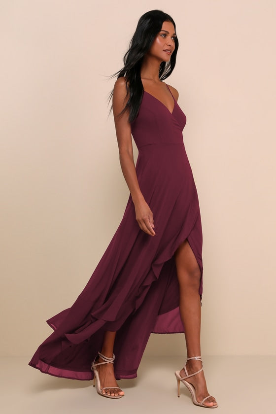 In Love Forever Plum Lace-Up High-Low Maxi Dress