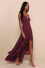 In Love Forever Plum Lace-Up High-Low Maxi Dress