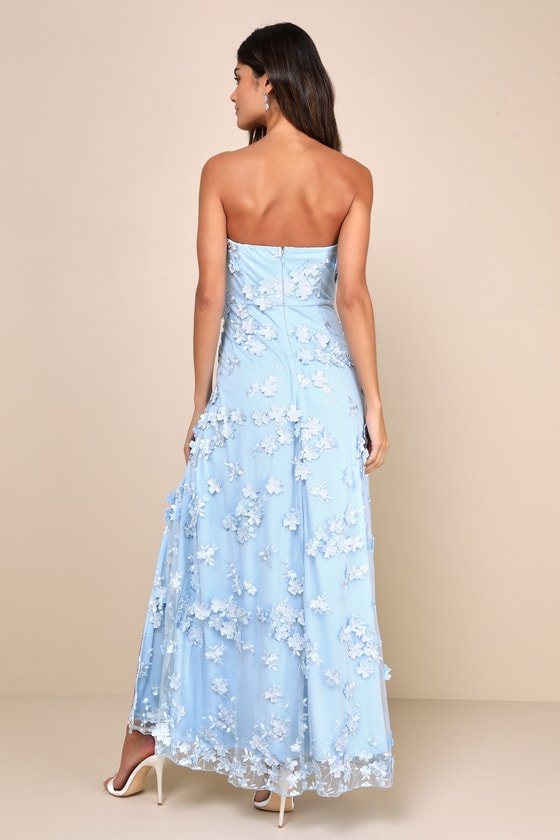 Rare Presence Powder Blue 3D Floral Embroidered Maxi Dress