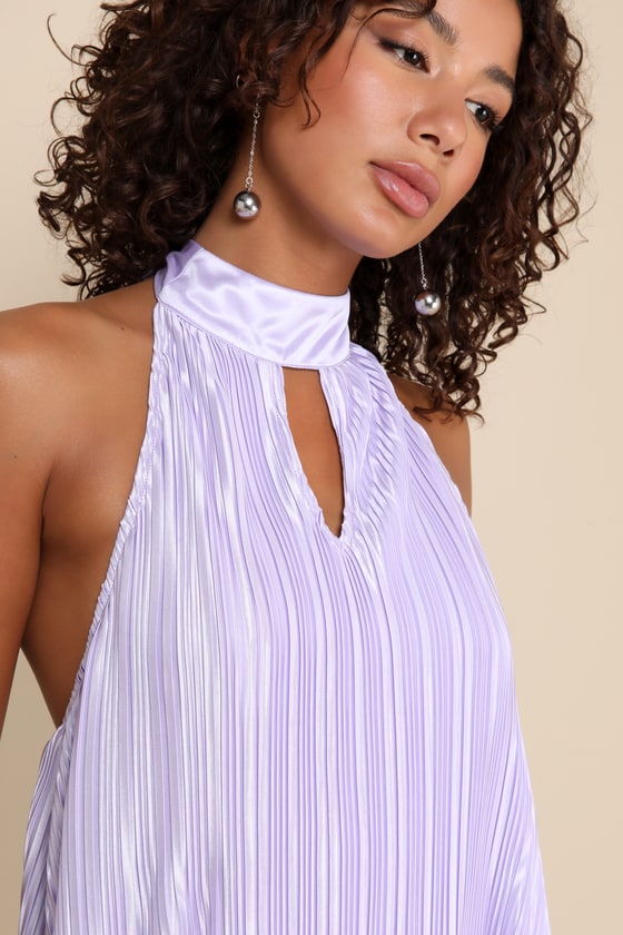 Pretty Aura Lavender Satin Plisse Mock Neck Mini Swing Dress