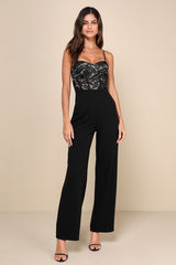 Eloquently Enticing Black and Beige Lace Bustier Jumpsuit