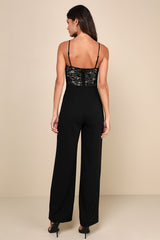 Eloquently Enticing Black and Beige Lace Bustier Jumpsuit