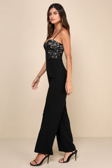 Eloquently Enticing Black and Beige Lace Bustier Jumpsuit