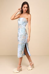 Upgraded Event Blue Jacquard Strapless Bustier Midi Dress