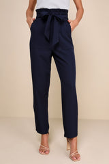 Busy Babe Navy Blue Paperbag Waist Straight Leg Pants