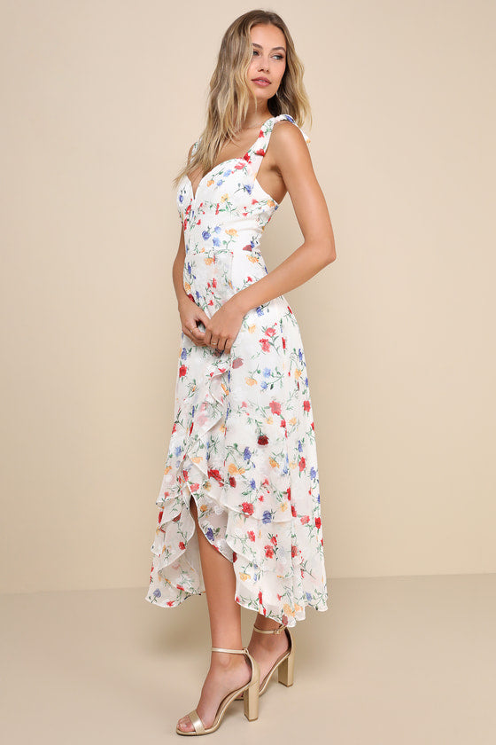 So Elevated Ivory Floral Jacquard Tie-Strap High-Low Midi Dress
