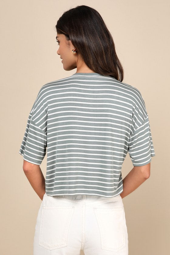 Natural Cutie Sage Green Striped Crew Neck Short Sleeve Top